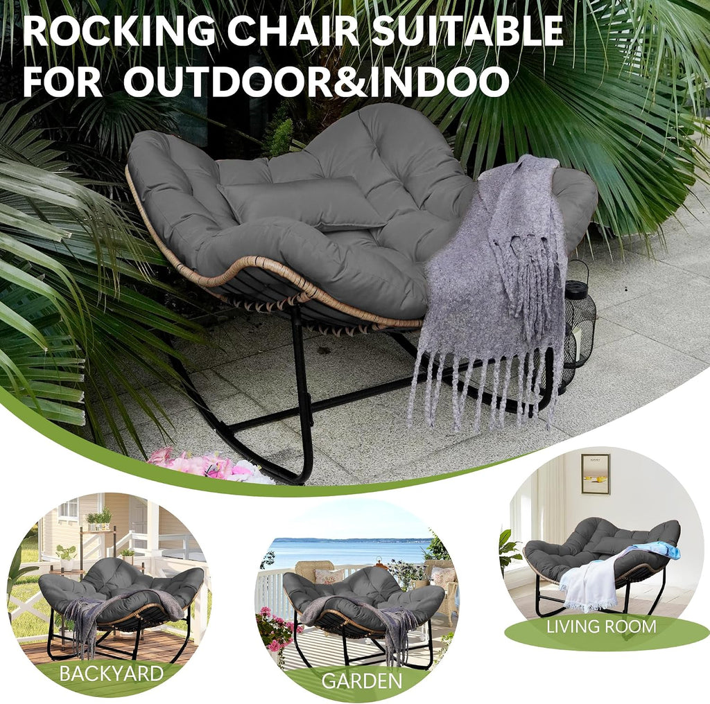 Patio Rocking Chair, Oversized Papasan Rocking Chair with Cushion and Frame for Indoor& Outdoor, Deep Seat Egg-Shaped Rocker Chair for Garden, Deck, Living Room, Grey
