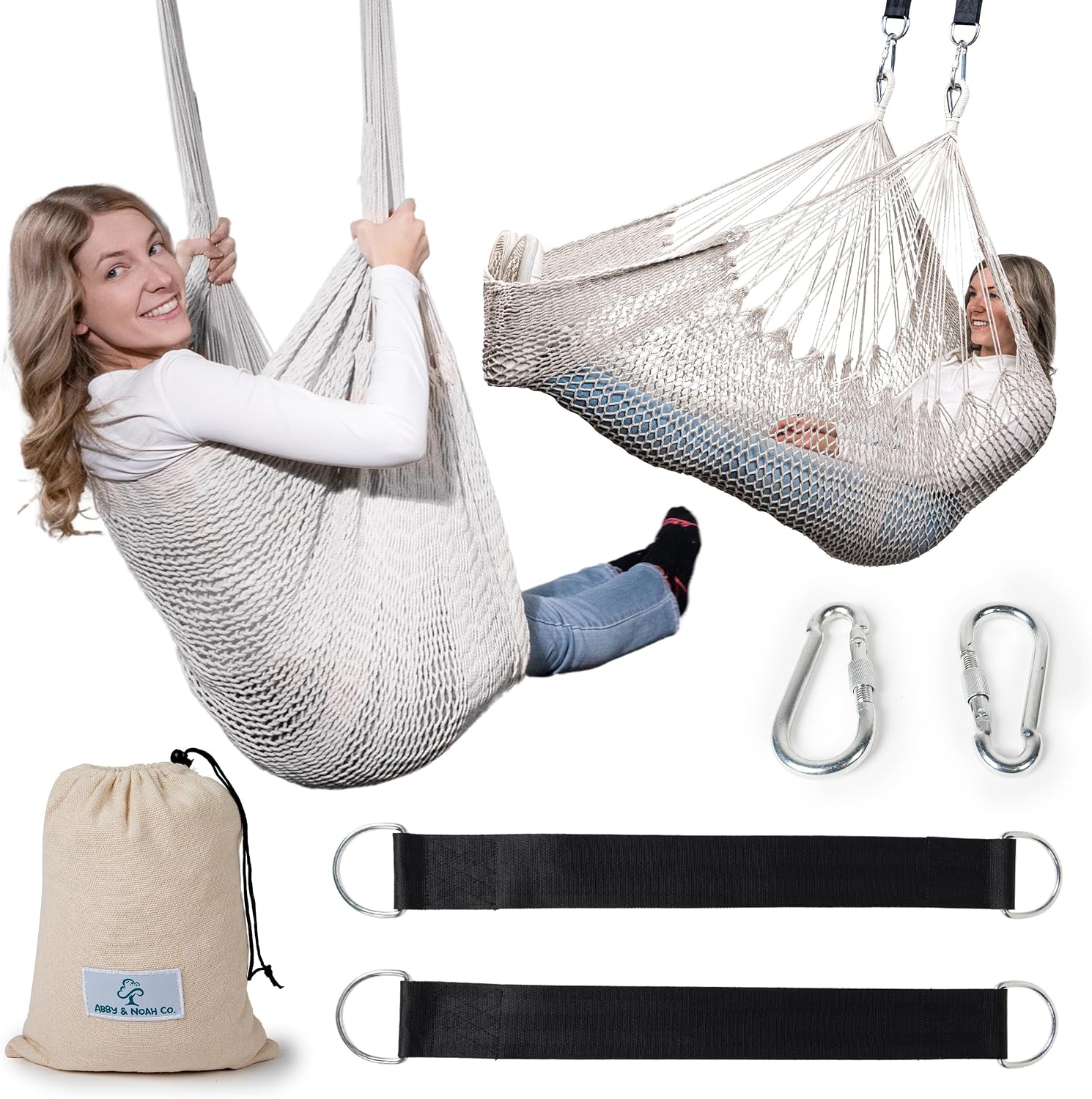 Abby & Noah Natural Handwoven Cotton Sensory Swing for Kids & Adults | Autism ADHD Therapy Swing with Hug-Like Calming Effect | Indoor Hanging Sensory Hammock | Holds Up to 300 lbs (Large-108 x75)