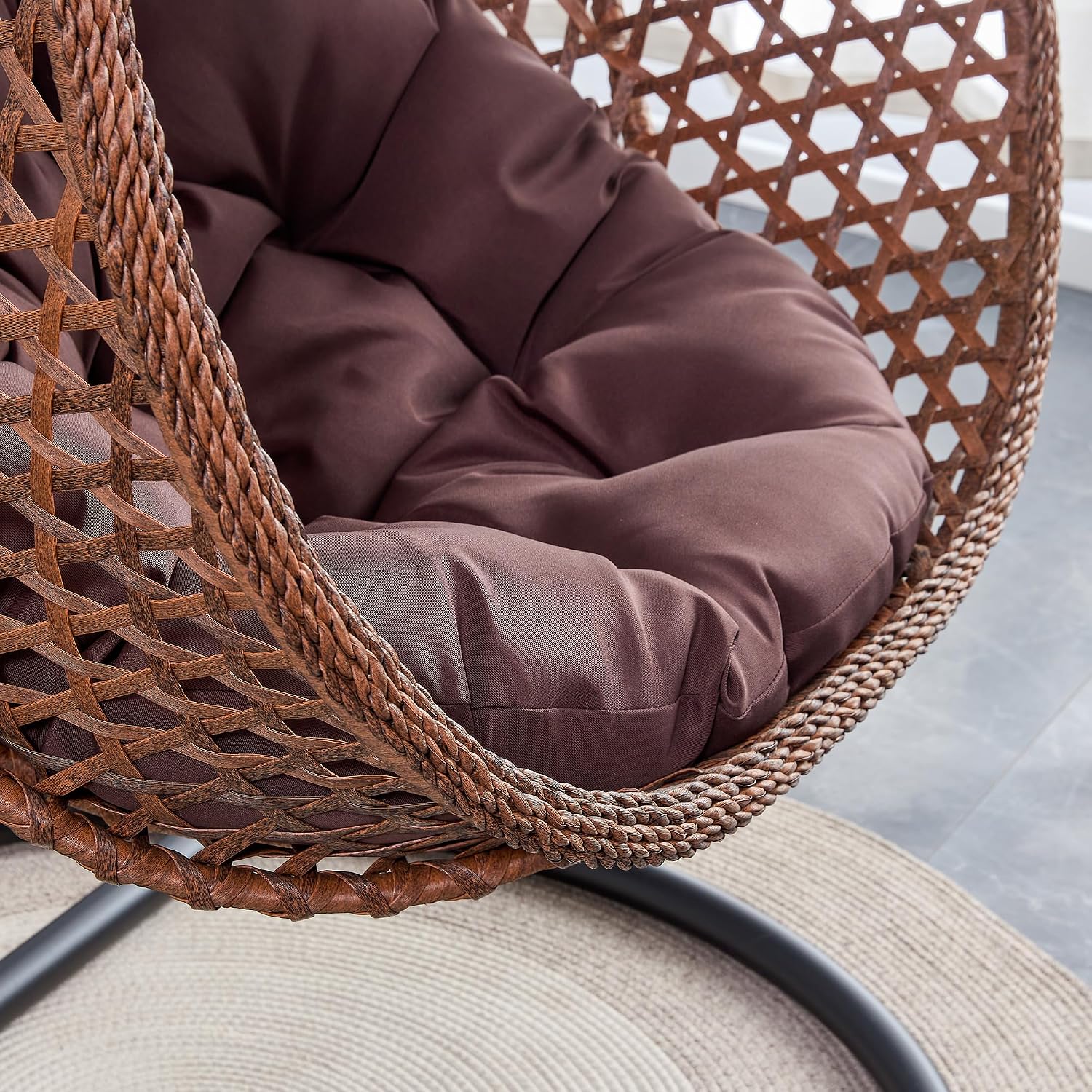 Brown Egg Swing Chair with Stand,Hanging Egg Chair Indoor Outdoor with Cushion and Pillow,Modern Wicker Swing Chair,300lbs Capacity for Porch,Patio,Garden, Bedroom, Balcony,Yard