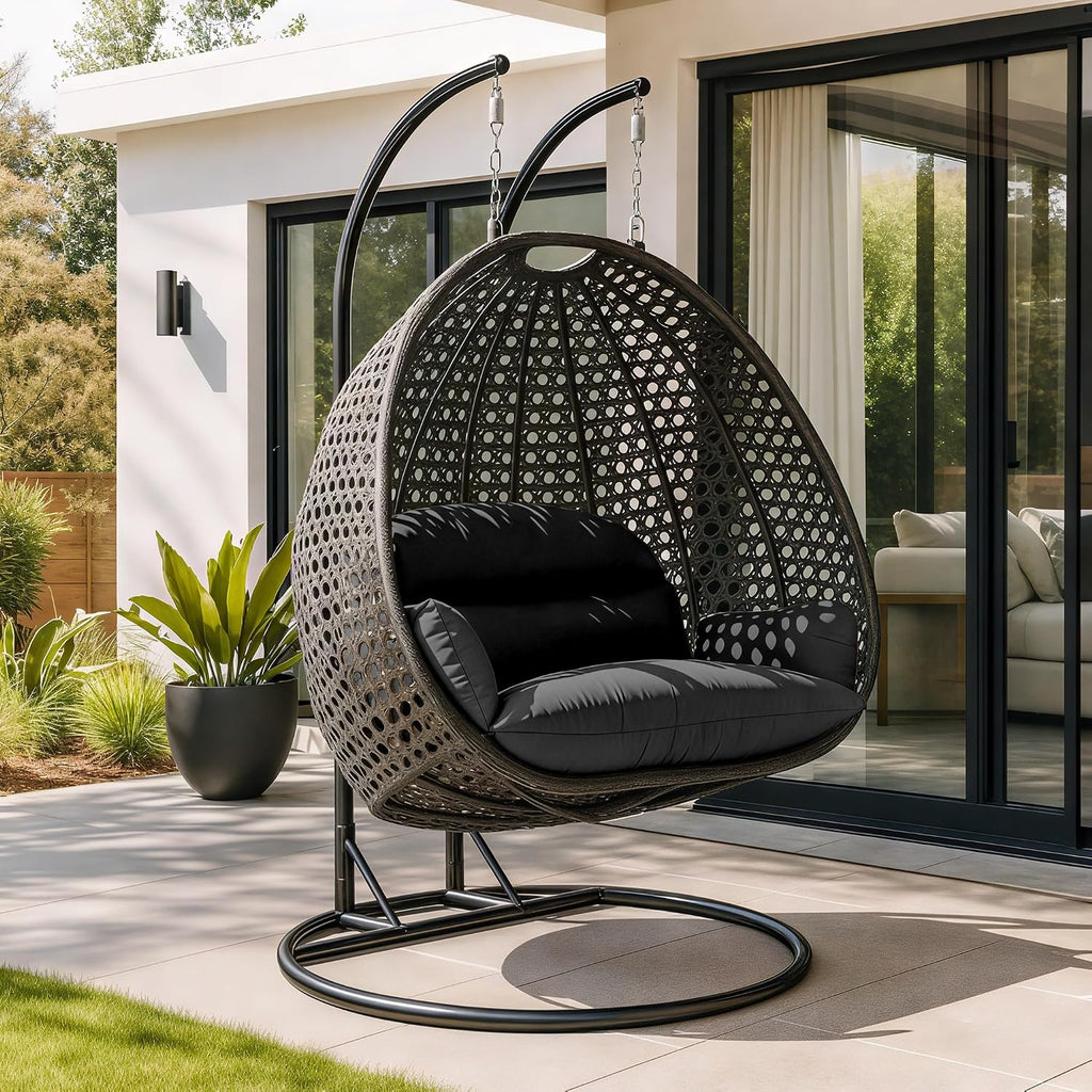LeisureMod 2 Person Wicker Hanging Egg Chair with Stand & UV-Resistant Cushions for Indoor/Outdoor, Patio, Lounge, Hammock Seat, Black