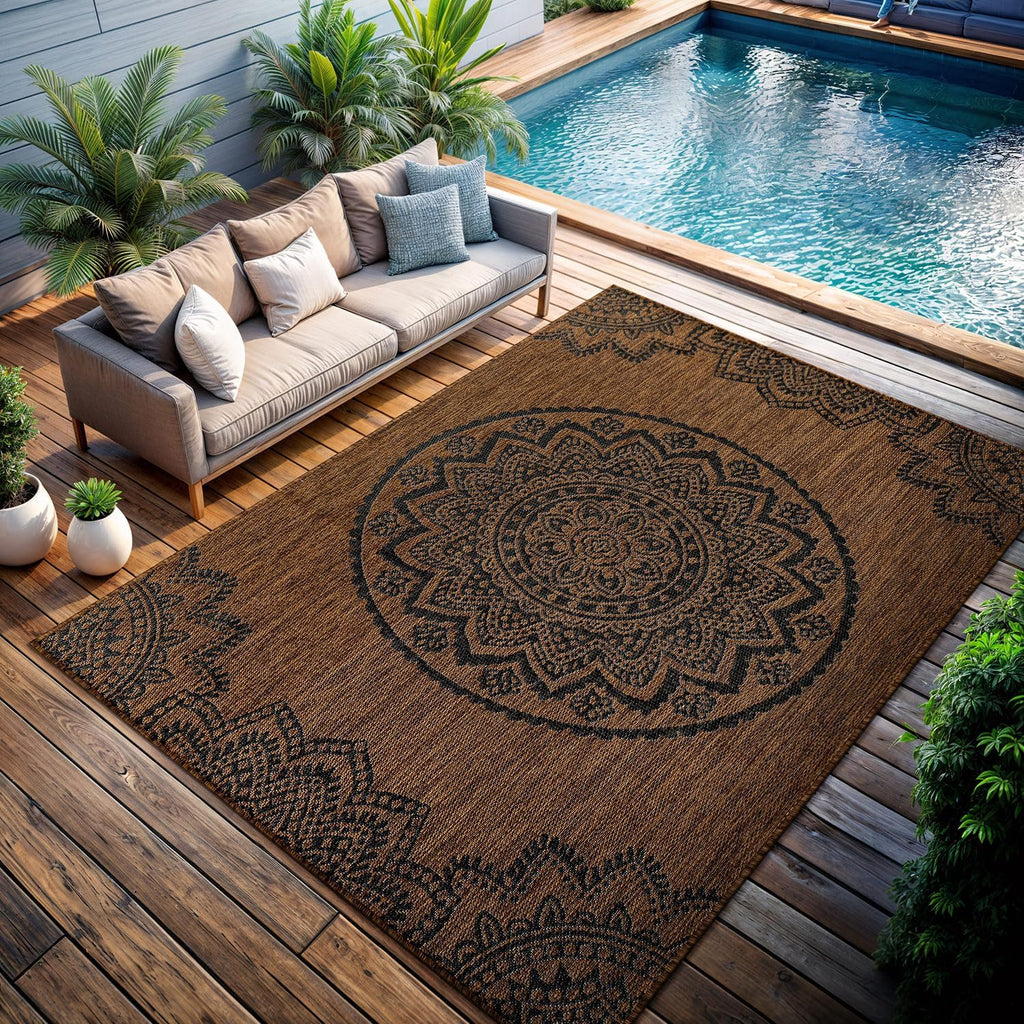CAMILSON Outdoor Rug 9x12 Modern Large Area Rugs for Indoor and Outdoor Patios and Porches - Waterproof Washable Non-Shedding Easy-to-Clean Outside Carpet (9 x 12 Medallion - Gold/Black)