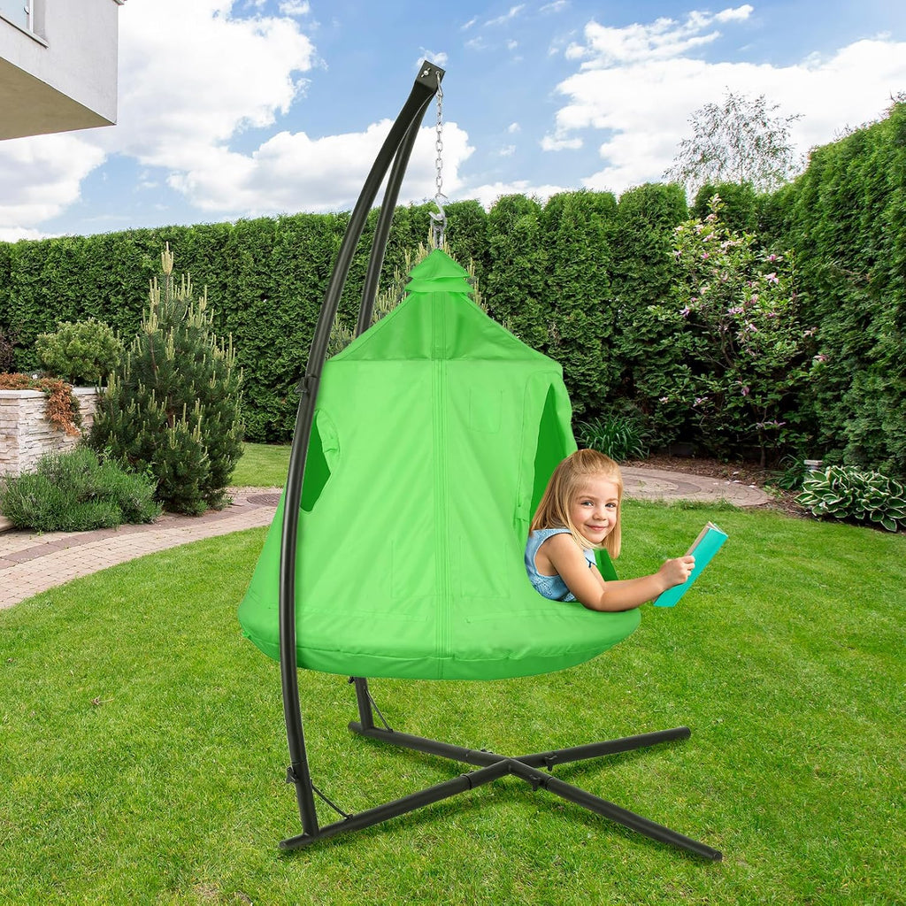 Arlopu Hanging Hammock X-Stand w/Tree Tent, Indoor Metal Swing Chair Stand w/Play Tent, Outdoor Egg Basket Patio Seat w/Support Stand, Porch Bedroom Balcony Chair w/Adjustable Solid Stand (Green)