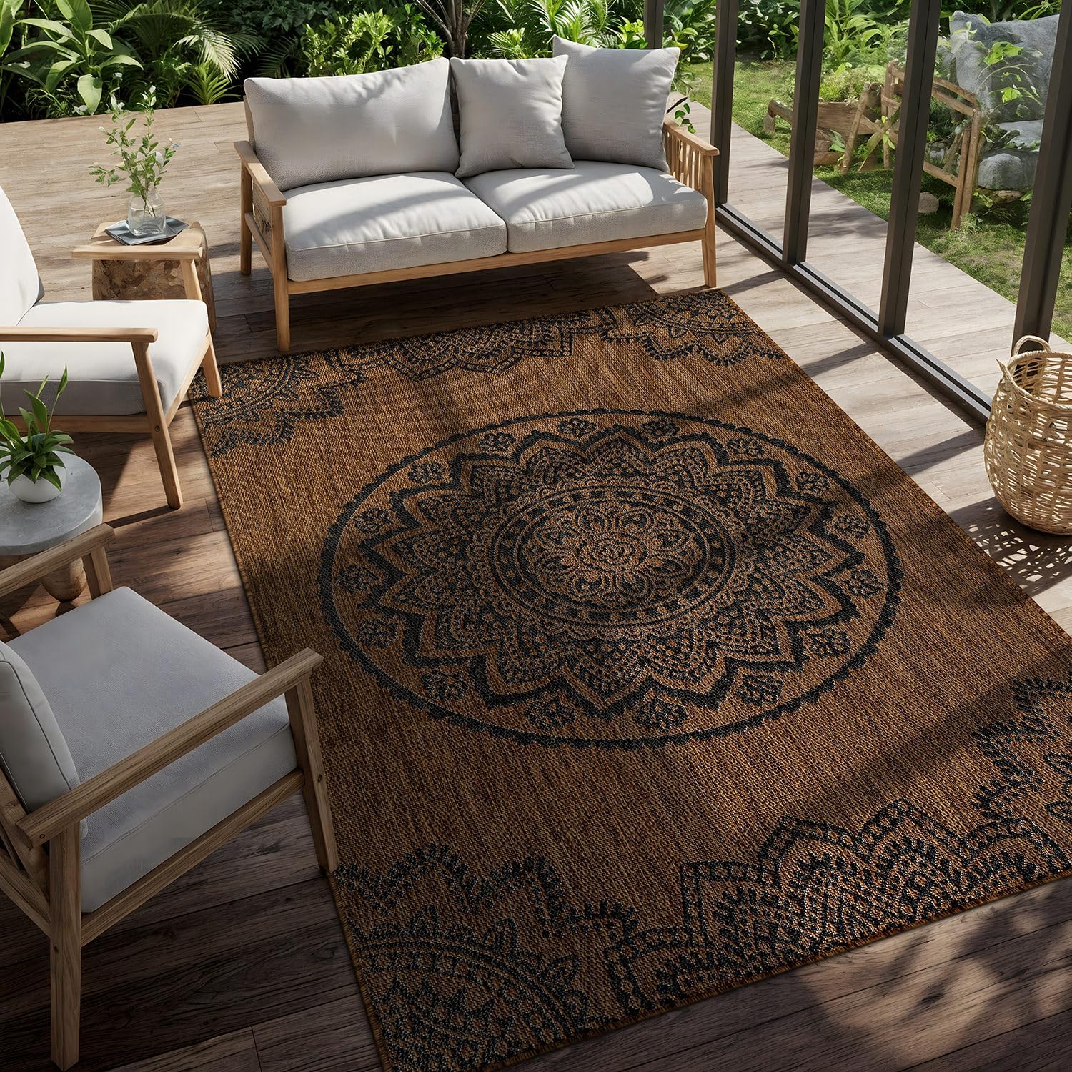CAMILSON Outdoor Rug 9x12 Modern Large Area Rugs for Indoor and Outdoor Patios and Porches - Waterproof Washable Non-Shedding Easy-to-Clean Outside Carpet (9 x 12 Medallion - Gold/Black)