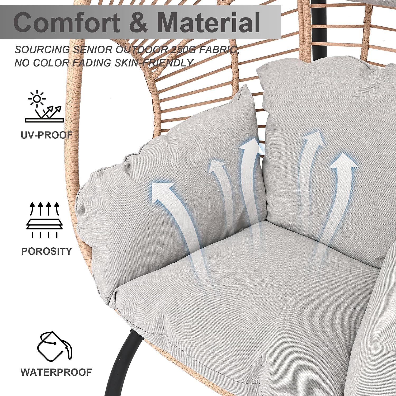 Hanging Egg Chair with Stand - Egg Swing Chair Outdoor Indoor Patio Wicker Chair Swing Hammock Egg Chairs 400lbs Capacity for Outside Patio, Bedroom, Garden, Balcony（Beige-Regular, 1PC