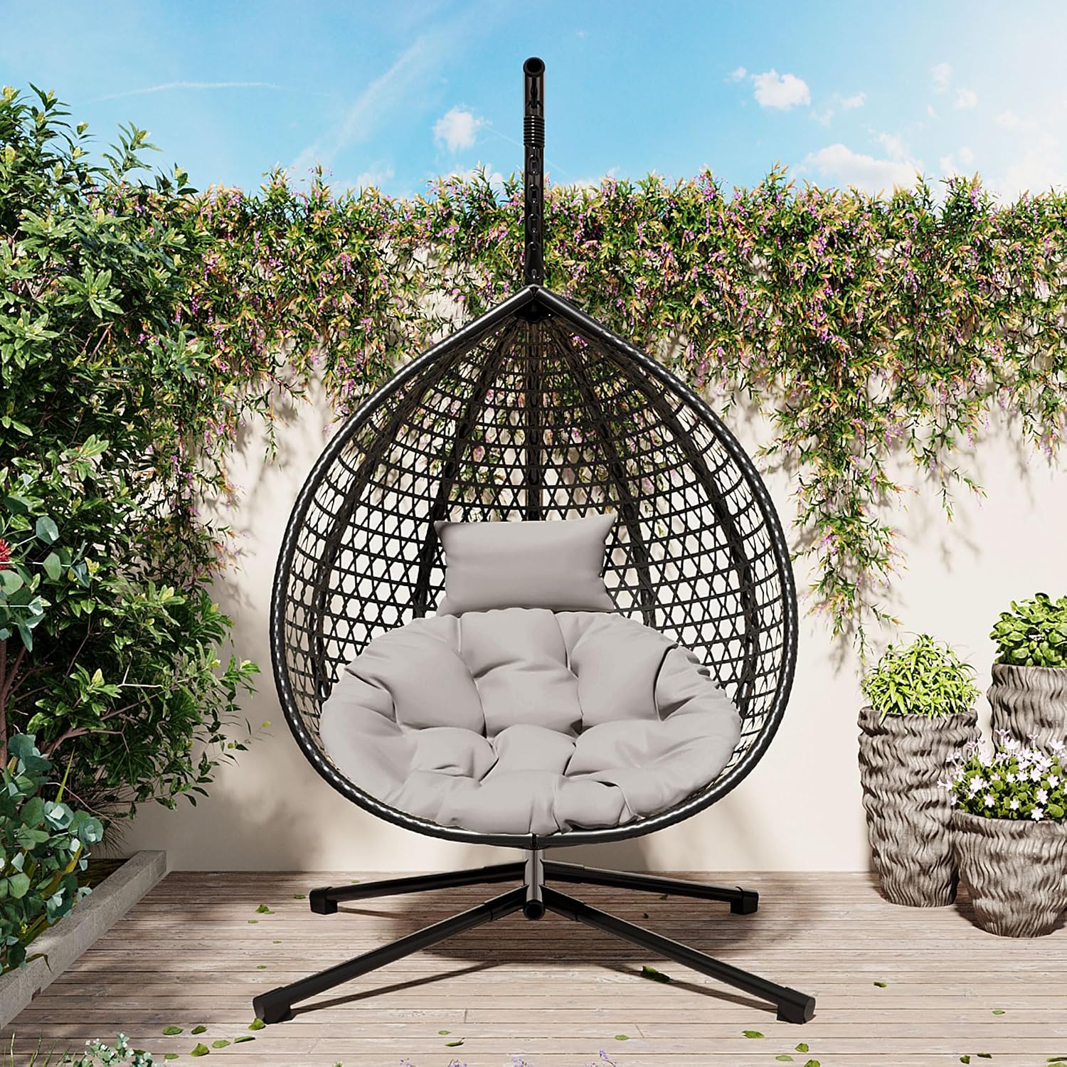 Sturdy Hammock Chair with Stand,Durable Hanging Egg Chair with Rattan Weaving,Comfortable Indoor Outdoor Swing Chairs with Soft Removable Cushion,Suitable for Balcony, Bedroom, or Garden, Black+ Gray