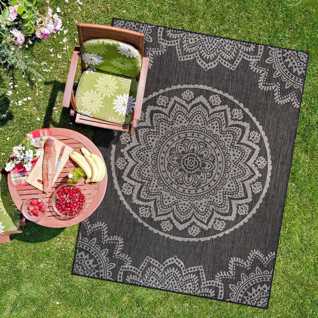 CAMILSON Outdoor Rug 9x12 Modern Area Rugs for Large Indoor and Outdoor Patios and Porches - Washable, Non-Shedding, Easy-to-Clean Outside Carpet (9 x 12, Medallion - Dark Grey/Light Grey)