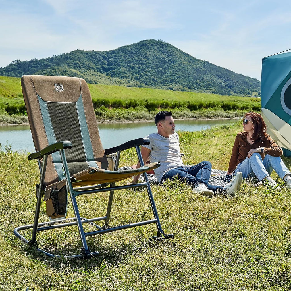 TIMBER RIDGE Outdoor Folding Rocking Chair, 29' Padded High Back Neck & Back Support, Hard Armrests for Easy Stand Up, Stable Steel Frame Supports 300 lb, Quick Fold for Patio, Lawn & RV Camping,Brown
