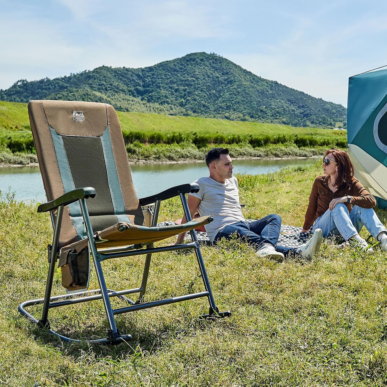 TIMBER RIDGE Outdoor Folding Rocking Chair, 29' Padded High Back Neck & Back Support, Hard Armrests for Easy Stand Up, Stable Steel Frame Supports 300 lb, Quick Fold for Patio, Lawn & RV Camping,Brown
