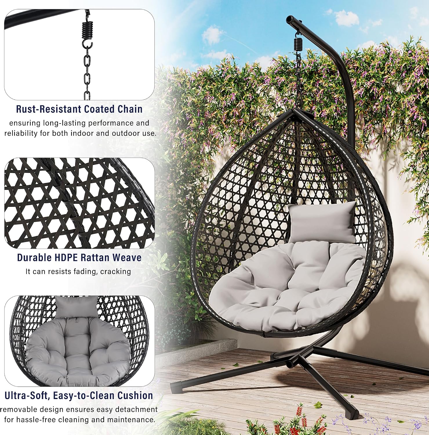 Indoor Outdoor Hammock Chair with Stand, Rattan Egg Hanging Swing Chair with Cushion for Balcony Bedroom Garden (Black+Gray)