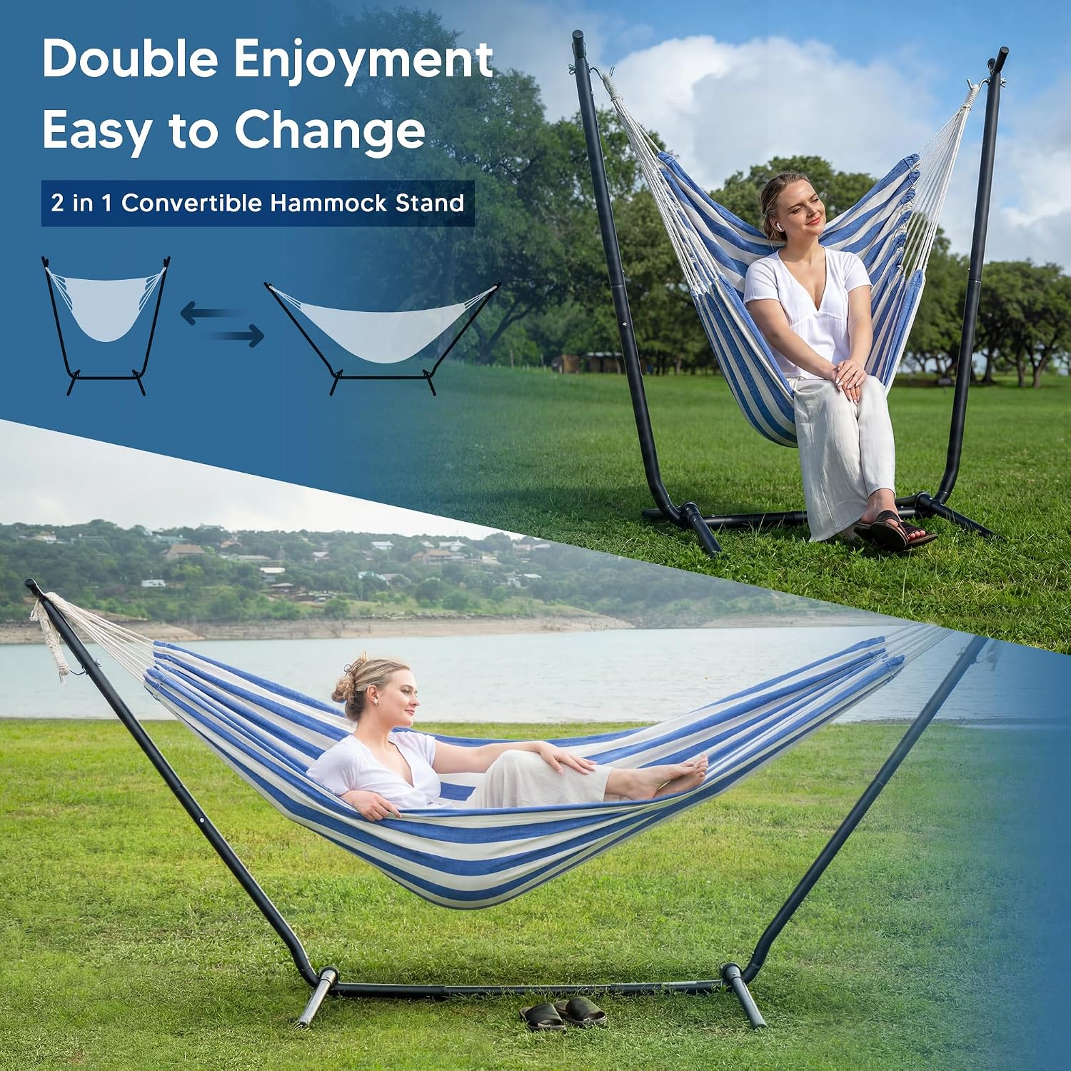 SUNCREAT 2-in-1 Convertible Backyard Fabric Hammock with Stand, Large Hammocks for Outside, Blue White