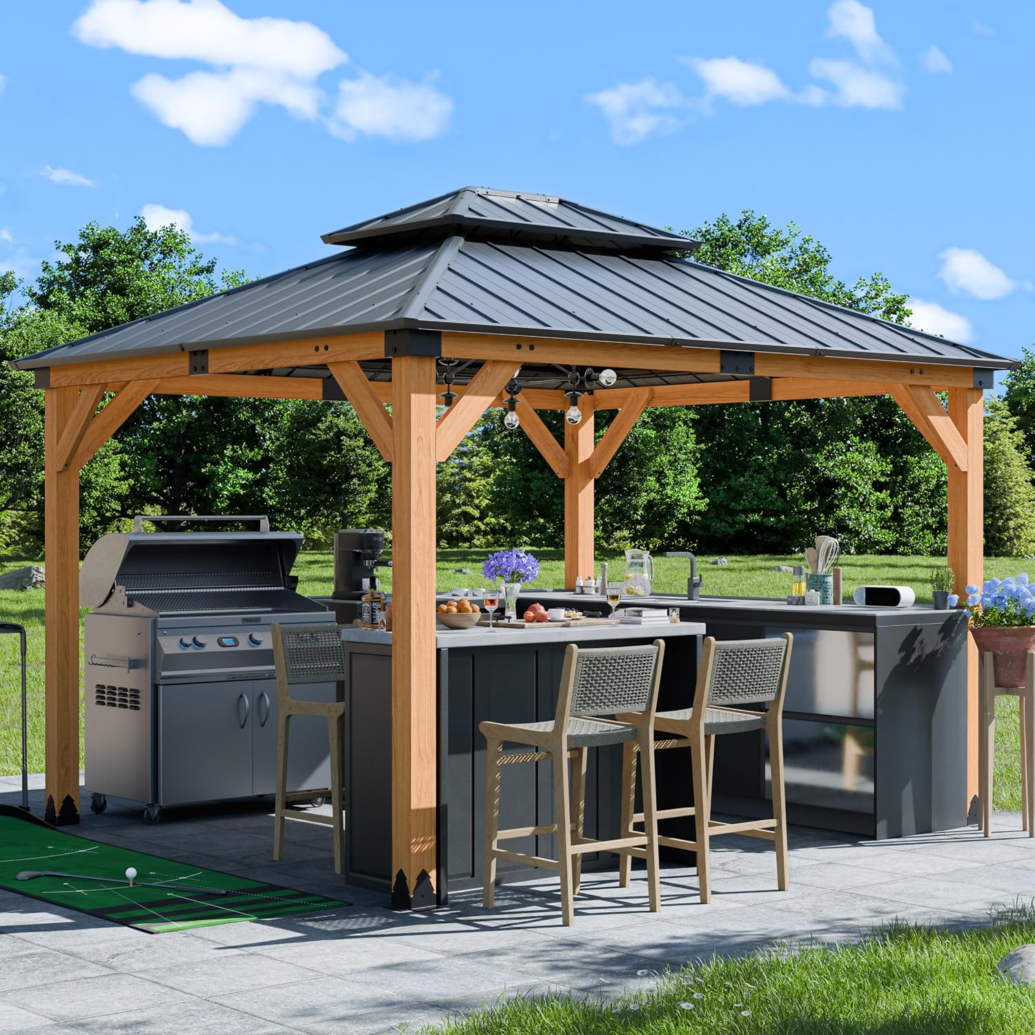 CHARMELEON 10x12 FT Cedar Wood Gazebo,Hardtop Wooden Gazebo with 4.6in Thickened Posts&High Load-Bearing Roof & Waterproof Curtains/High-Density Netting for Outdoor, Patio, Backyard-Natural