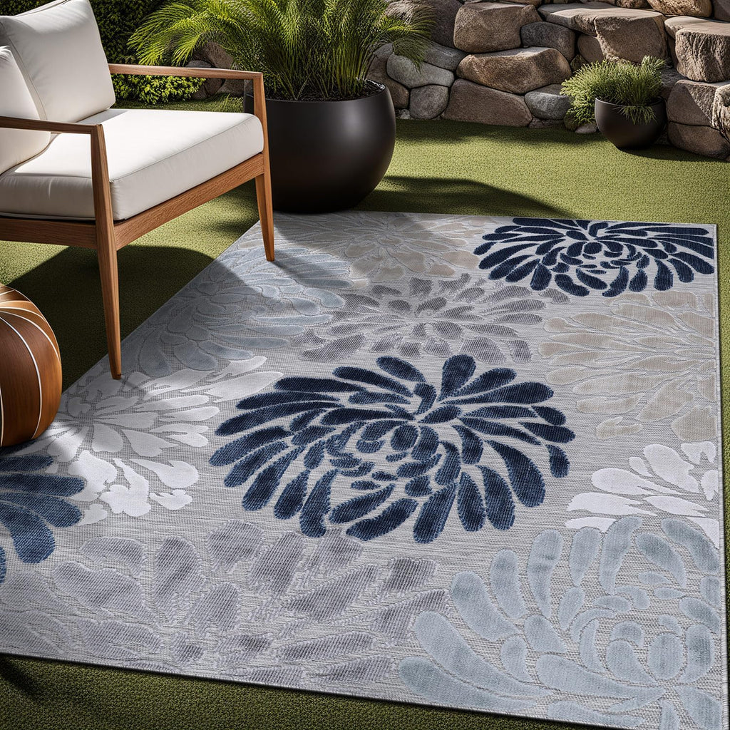 Luul Home Floral Indoor Outdoor Rugs 6x9 Large Area Rug for Living Room, Patio Decor, Kitchen, and Entryway Rug, Washable Stain Resistant Outside Carpet Blue 6 x 9