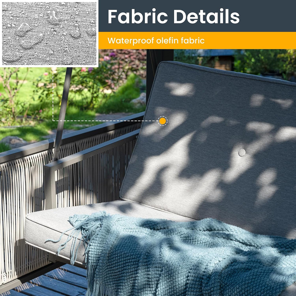 Pamapic 3-Seat Porch Swing with Stand, 990 LBS 2 in 1 Convertible Bed Patio Swings with Canopy Adjustable, Wicker Side Panel Swing Chair Outdoor with Cushion for Backyard, Porch, Garden (Gray)