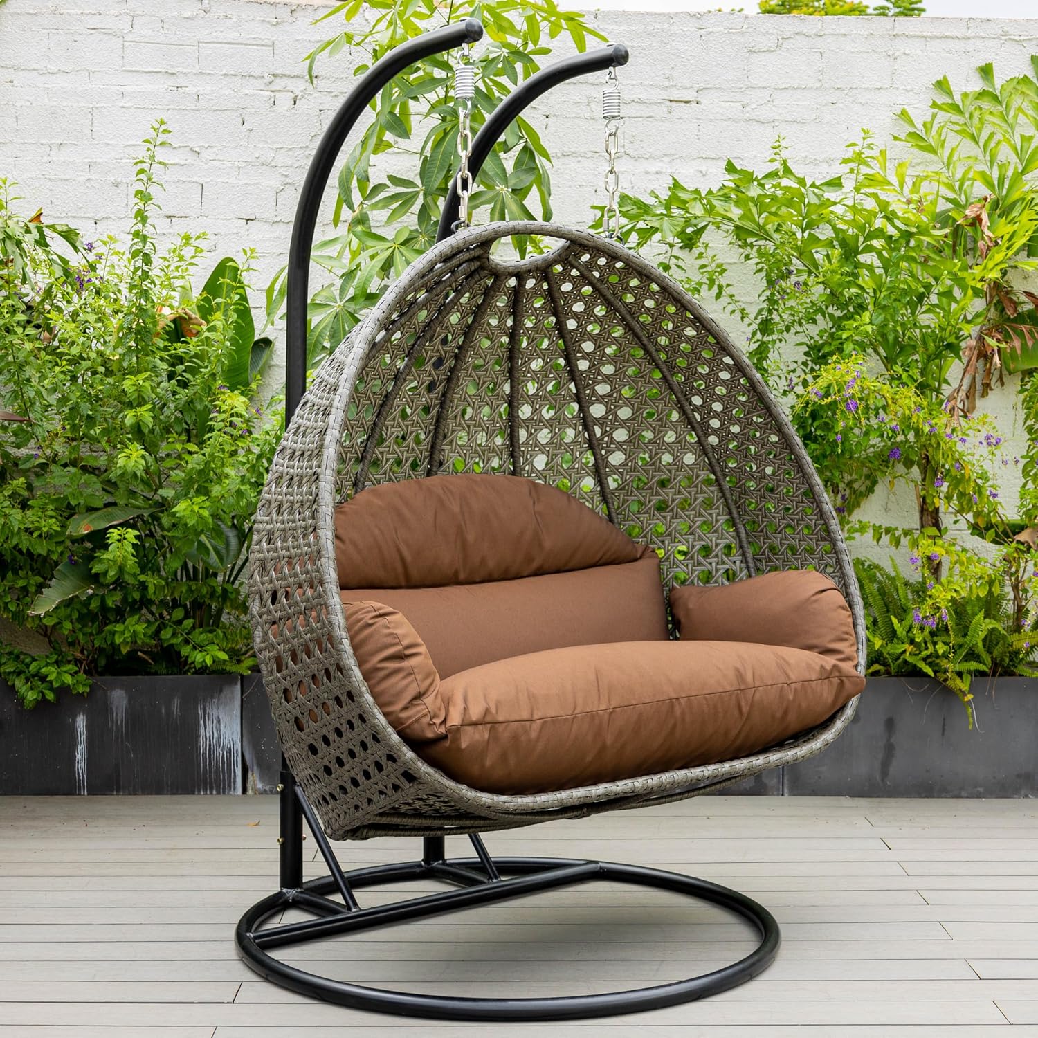 LeisureMod 2 Person Wicker Hanging Egg Chair with Stand & UV-Resistant Cushions for Indoor/Outdoor, Patio, Lounge, Hammock Seat, Brown