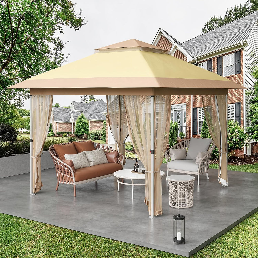 10x10 Pop Up Gazebo Tent with Mosquito Netting & Water,Resistant Oxford Canopy with Roller Bag,Instant Setup Outdoor Shelter for Backyard, Patio, Parties, Weddings, Outdoor Dining，Beige+Khaki