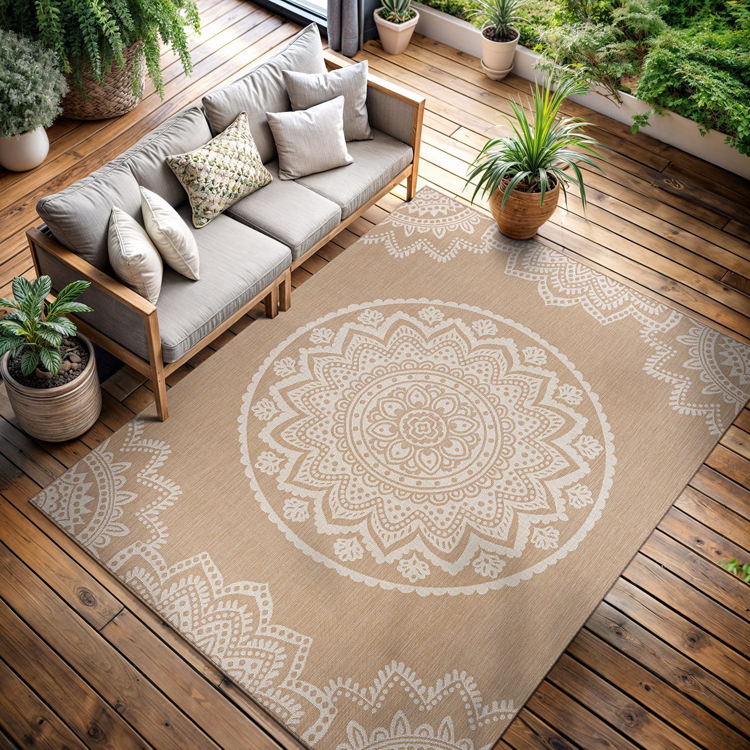 CAMILSON Outdoor Rug 9x12 Modern Area Rugs for Large Indoor and Outdoor Patios and Porches - Waterproof Washable Non-Shedding Easy-to-Clean Outside Carpet (9 x 12, Medallion - Beige/White)