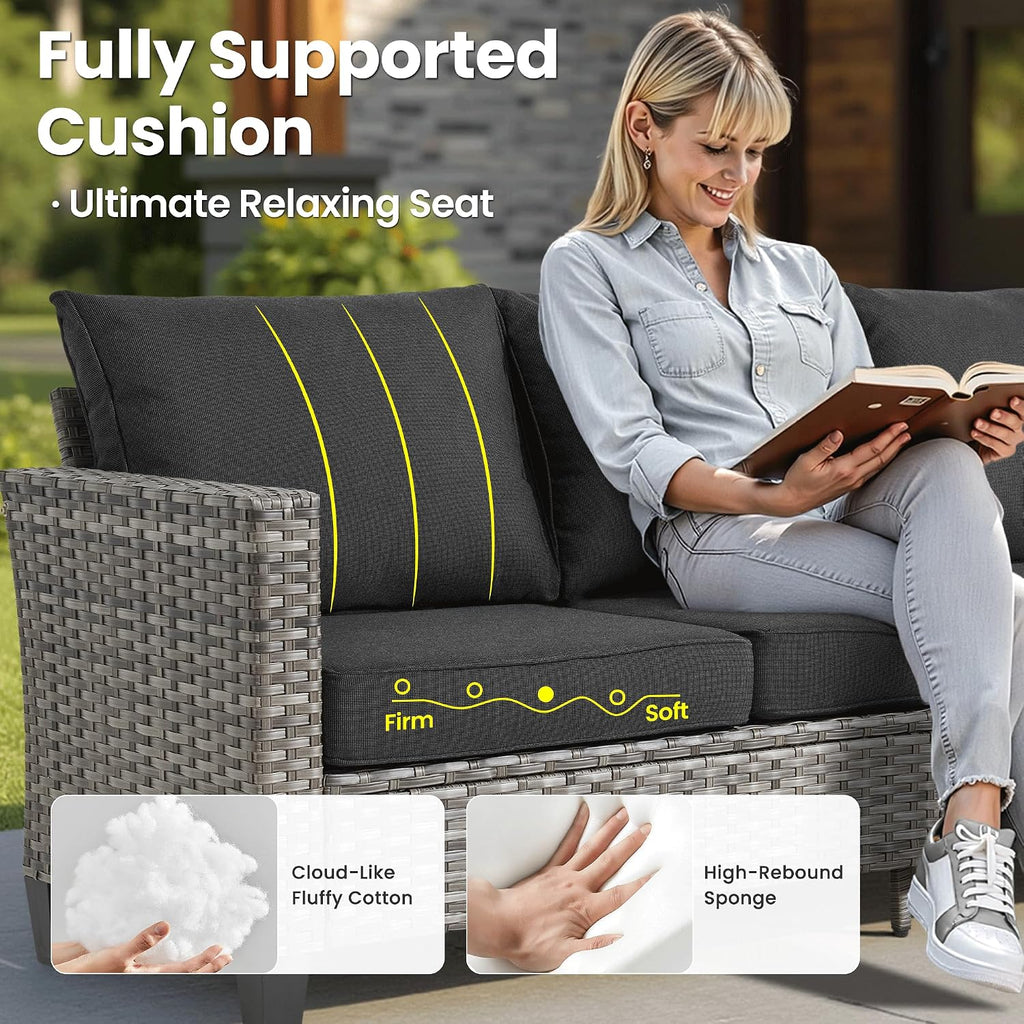 ovios 7-Pieces Patio Furniture Set, Outdoor Wicker Sofa Couch with Swivel Glider Chairs Glass Table Comfy Cushions Modern Conversation Set for Backyard Porch, Black