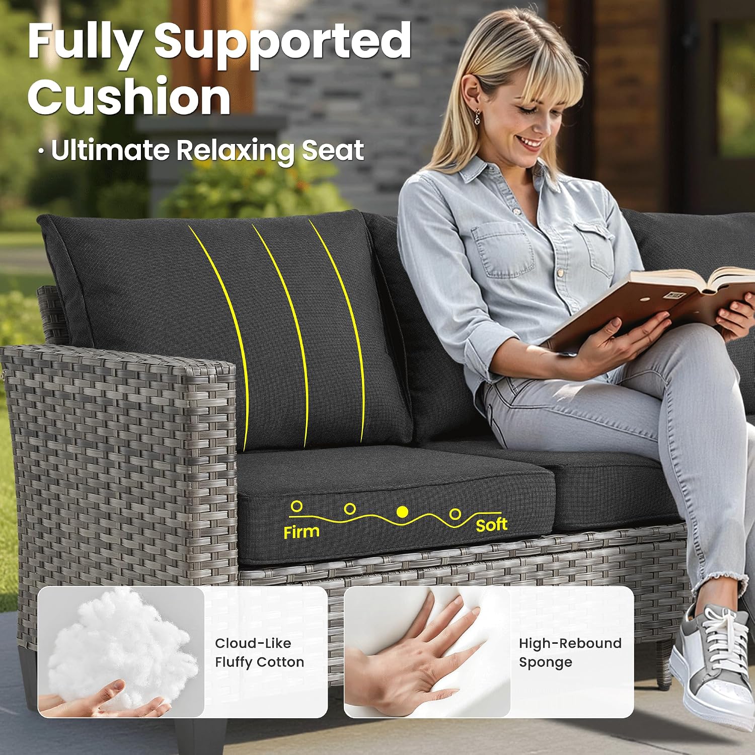 ovios 7-Pieces Patio Furniture Set, Outdoor Wicker Sofa Couch with Swivel Glider Chairs Glass Table Comfy Cushions Modern Conversation Set for Backyard Porch, Black