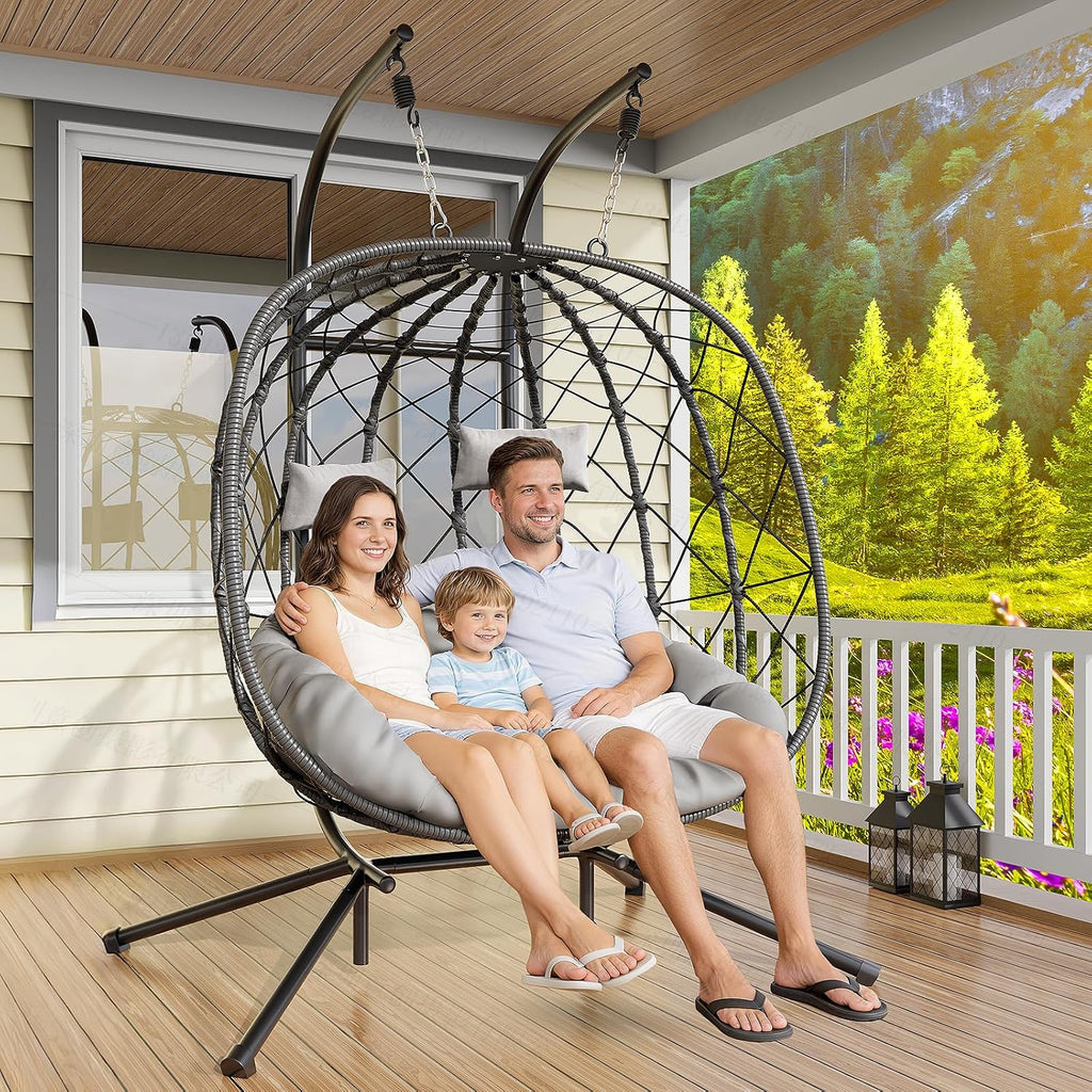 CHABATREE Double Egg Swing Chair with Stand - 2 Person Outdoor Patio Hanging Wicker Hammock Chair with Cushion, Dark Grey, for Garden, Lawn, Bedroom, Indoor/Outdoor Use