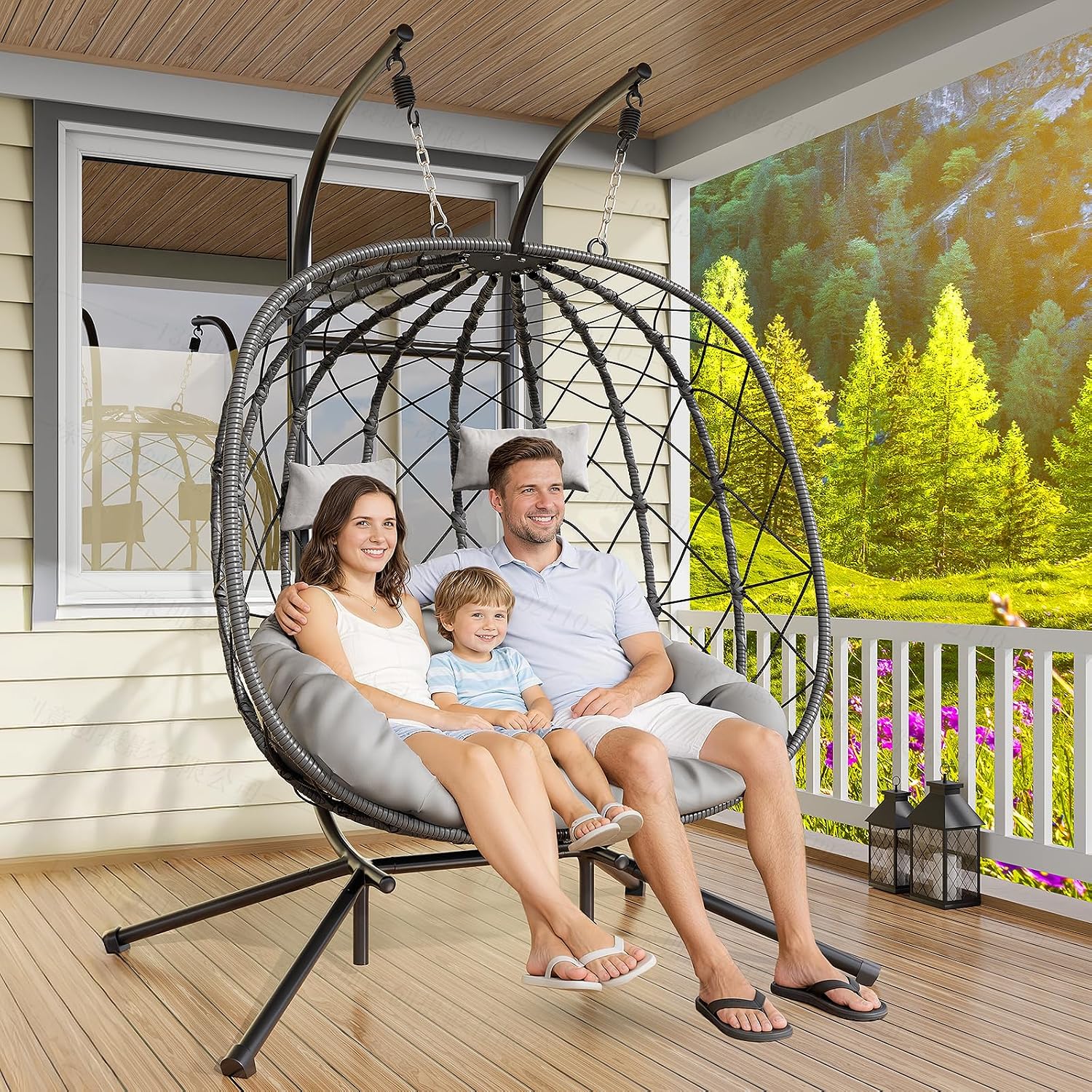 CHABATREE Double Egg Swing Chair with Stand - 2 Person Outdoor Patio Hanging Wicker Hammock Chair with Cushion, Dark Grey, for Garden, Lawn, Bedroom, Indoor/Outdoor Use