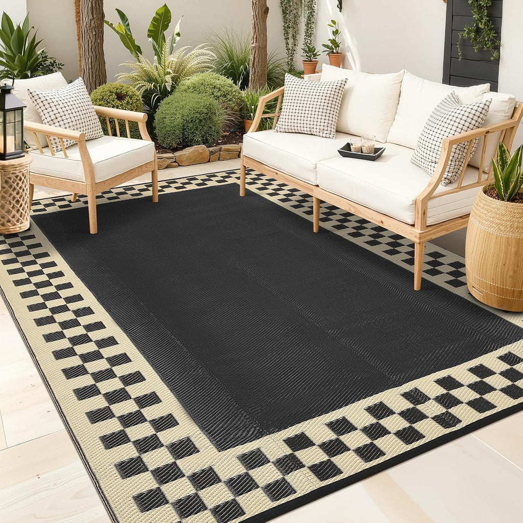 GAOMON Patio Modern Checkered Outdoor Rug 10x14 Waterproof Large Reversible Camping Mat Foldable Lightweight Plastic Straw Outdoor Rug for Deck, Picnic, Porch, Camper, Balcony, Beach, Rv, Black