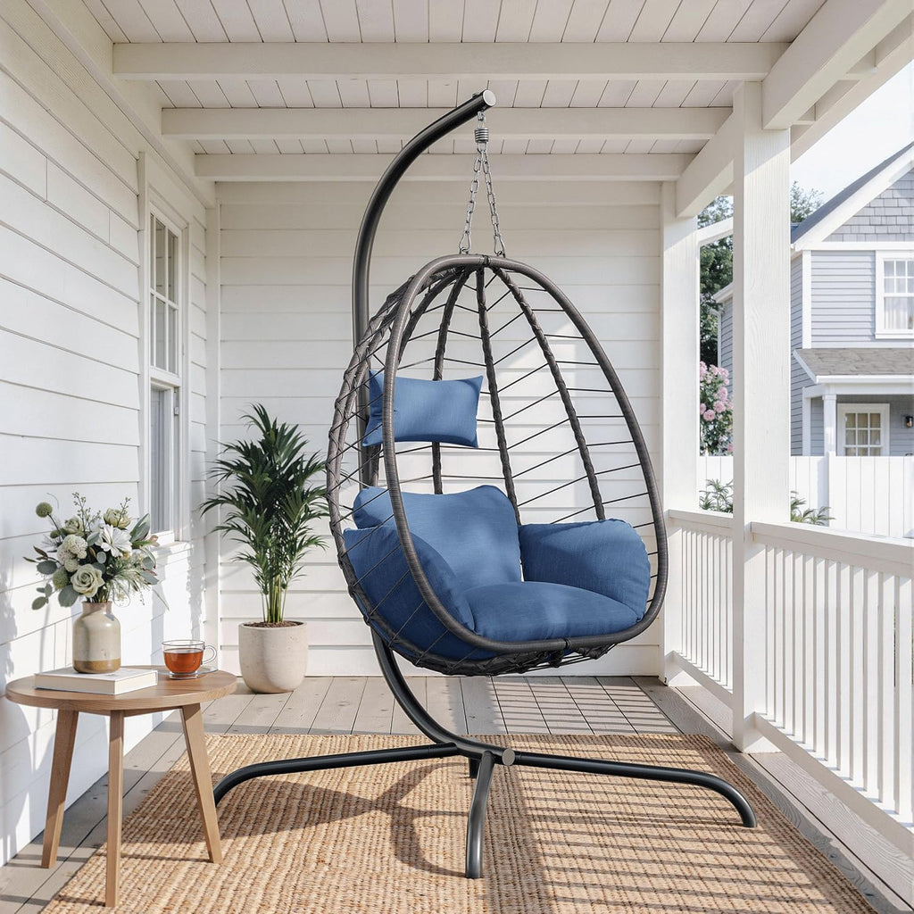 ALAULM Foldable Egg Chair with Stand, 485LBS Capacity Wicker Rattan Hammock Swing Chair for Outdoor & Indoor, Patio Hanging Chair with Strong Frame & UV Resistant Cushion for Balcony, Bedroom, Blue