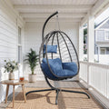 ALAULM Foldable Egg Chair with Stand, 485LBS Capacity Wicker Rattan Hammock Swing Chair for Outdoor & Indoor, Patio Hanging Chair with Strong Frame & UV Resistant Cushion for Balcony, Bedroom, Blue