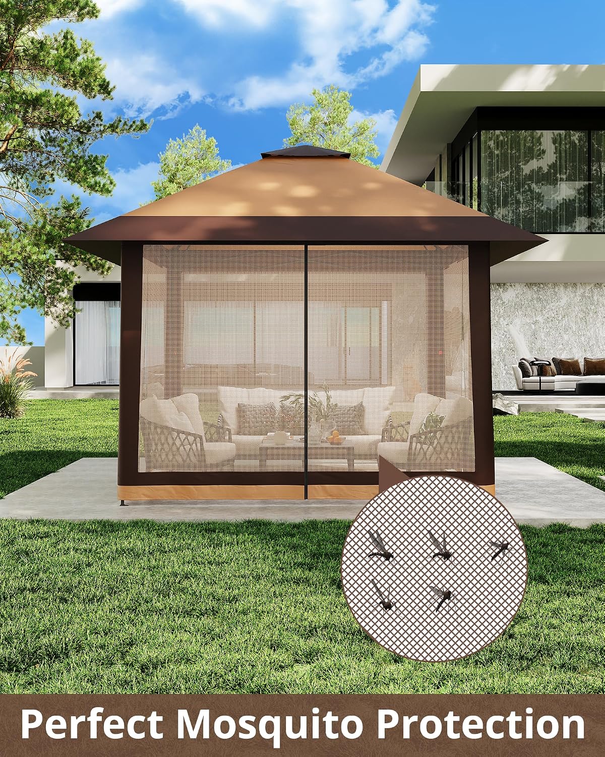 13'x13' Pop Up Gazebo, Outdoor Canopy Tent with Mosquito Netting, Pop Up Canopy with Double Roof Design & Adjustable Height, UV-Resistant Patio Gazebo Sunshade for Graden/Backyard/Lawn/Beach (Khaki)
