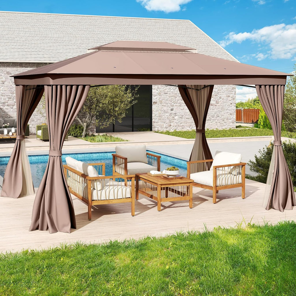 Tangkula 10x13 FT Outoor Gazebo, Metal Patio Gazebo with Mesh Netting & Privacy Curtains, Heavy-Duty Metal Frame, 2-Tier Vent for Yard Deck Poolside
