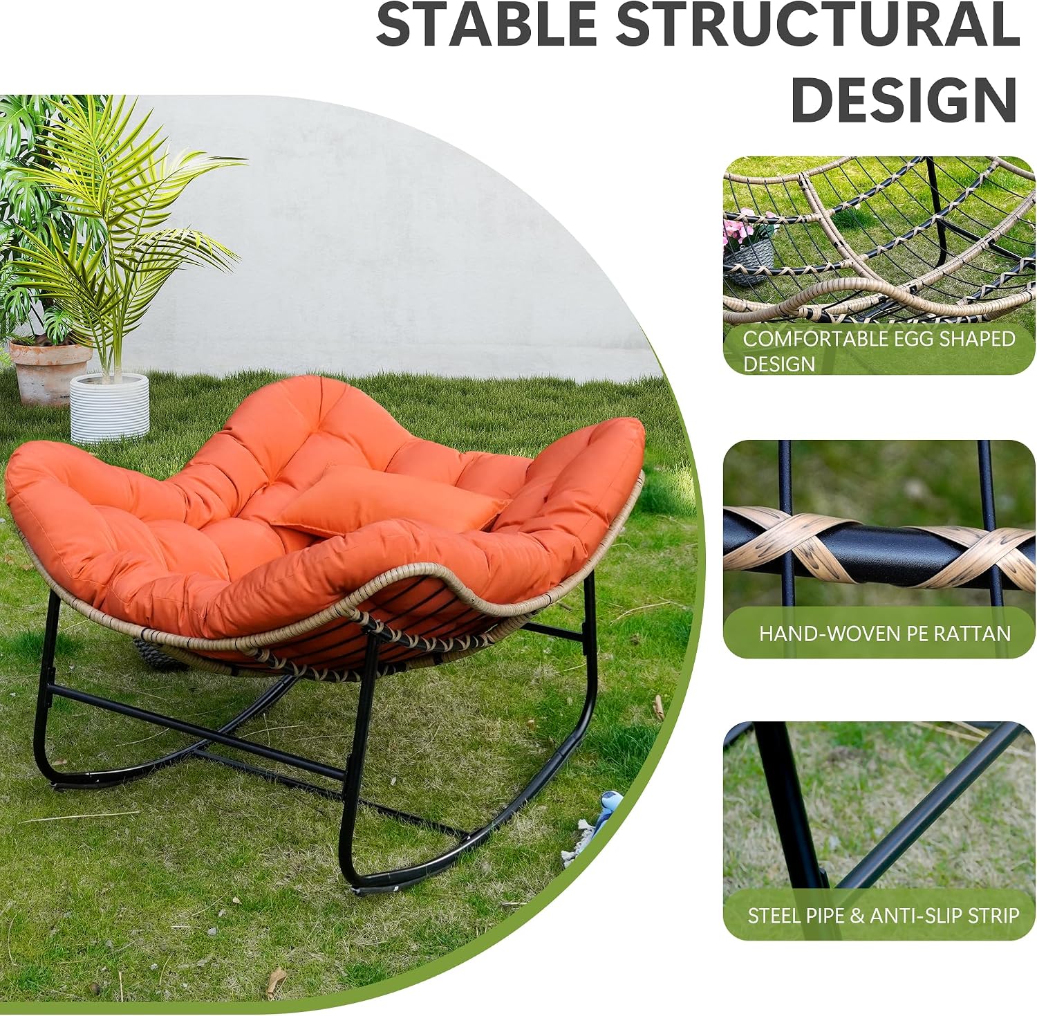 Papasan Rocking Chair, Oversized Papasan Chair with Cushion and Frame for Indoor& Outdoor, Deep Seat Egg-Shaped Rocker Chair for Garden, Deck, Living Room, Orange