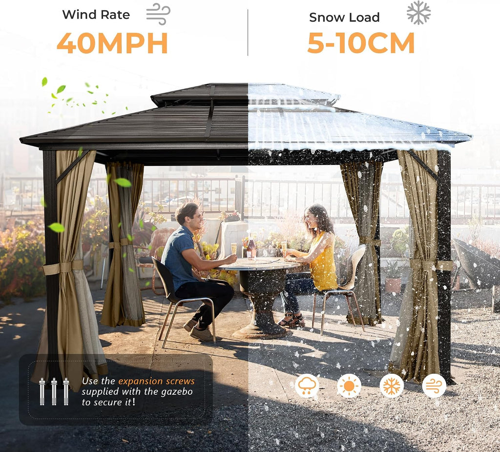 HAPPATIO 10' x 12' Hardtop Gazebo with Aluminum Frame, Outdoor Gazebo Hardtop with Galvanized Steel Double Roof for Deck, Backyard, Patio, Lawns (Brown)