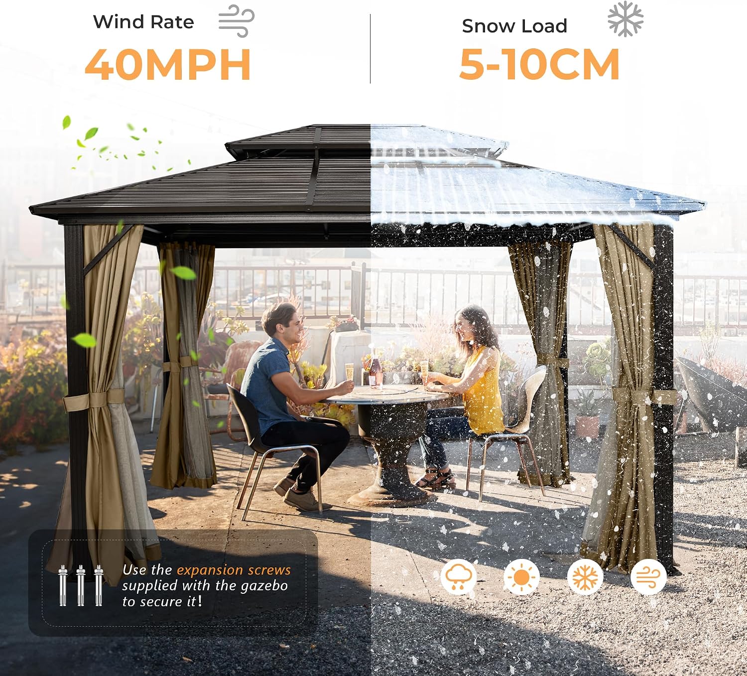 HAPPATIO 10' x 12' Hardtop Gazebo with Aluminum Frame, Outdoor Gazebo Hardtop with Galvanized Steel Double Roof for Deck, Backyard, Patio, Lawns (Brown)