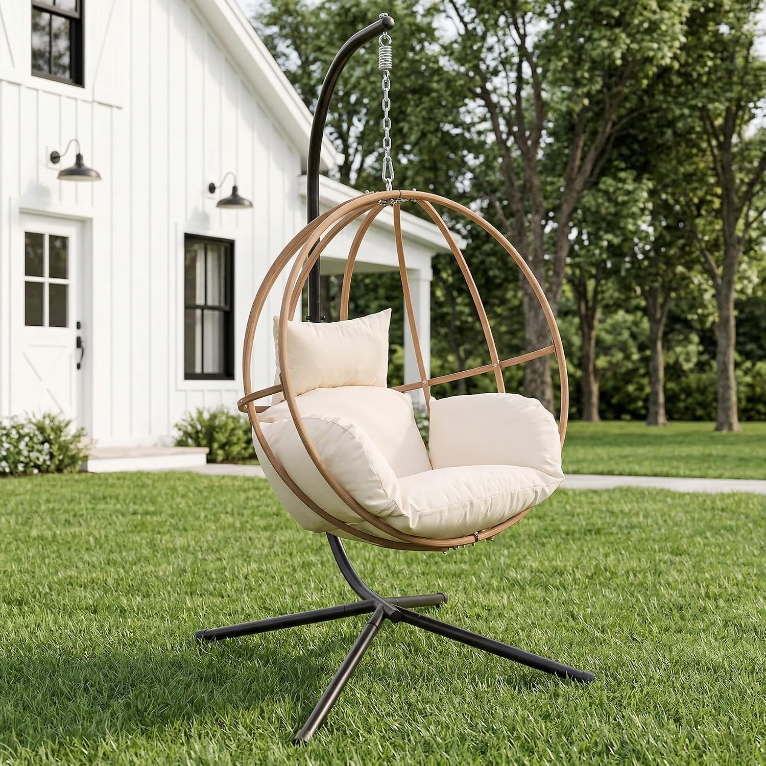 Egg Chairs Outdoor, Hanging Egg Chair with Stand, All Weather Swing Chair, Modern Swinging Egg Chairs Indoor, Metal Hanging Chairs with Cushions, Patio Lounge Chair for Balcony/Deck, Beige