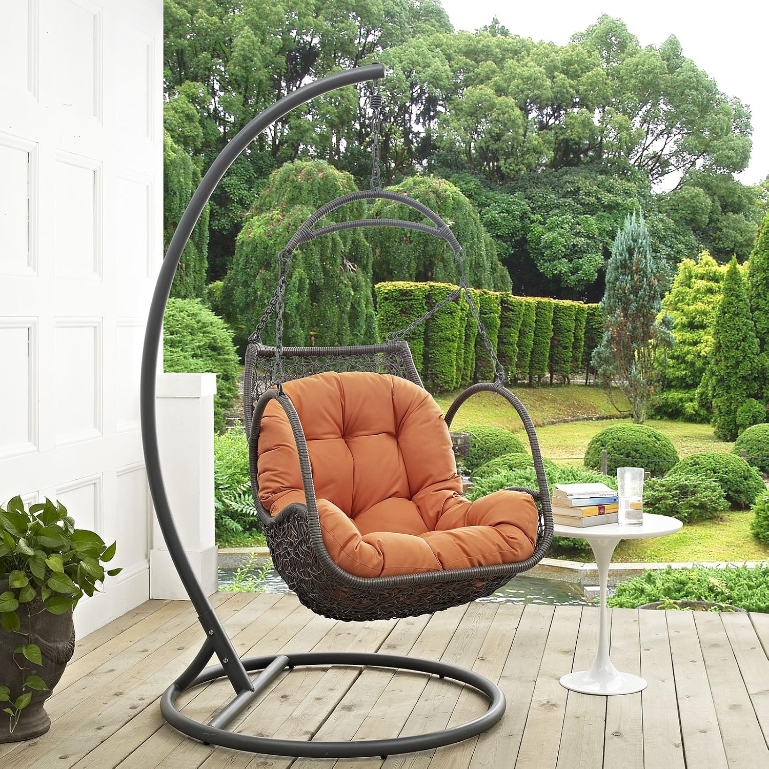 Modway Arbor Wicker Rattan Outdoor Patio Porch Lounge Hanging Swing Chair Set with Stand in Orange