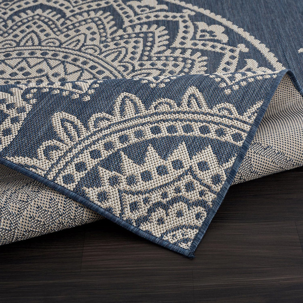 CAMILSON Outdoor Rug 9x12 Modern Area Rugs for Large Indoor and Outdoor Patios and Porches - Waterproof Washable Non-Shedding, Easy-to-Clean Outside Carpet (9 x 12, Medallion - Blue/White)