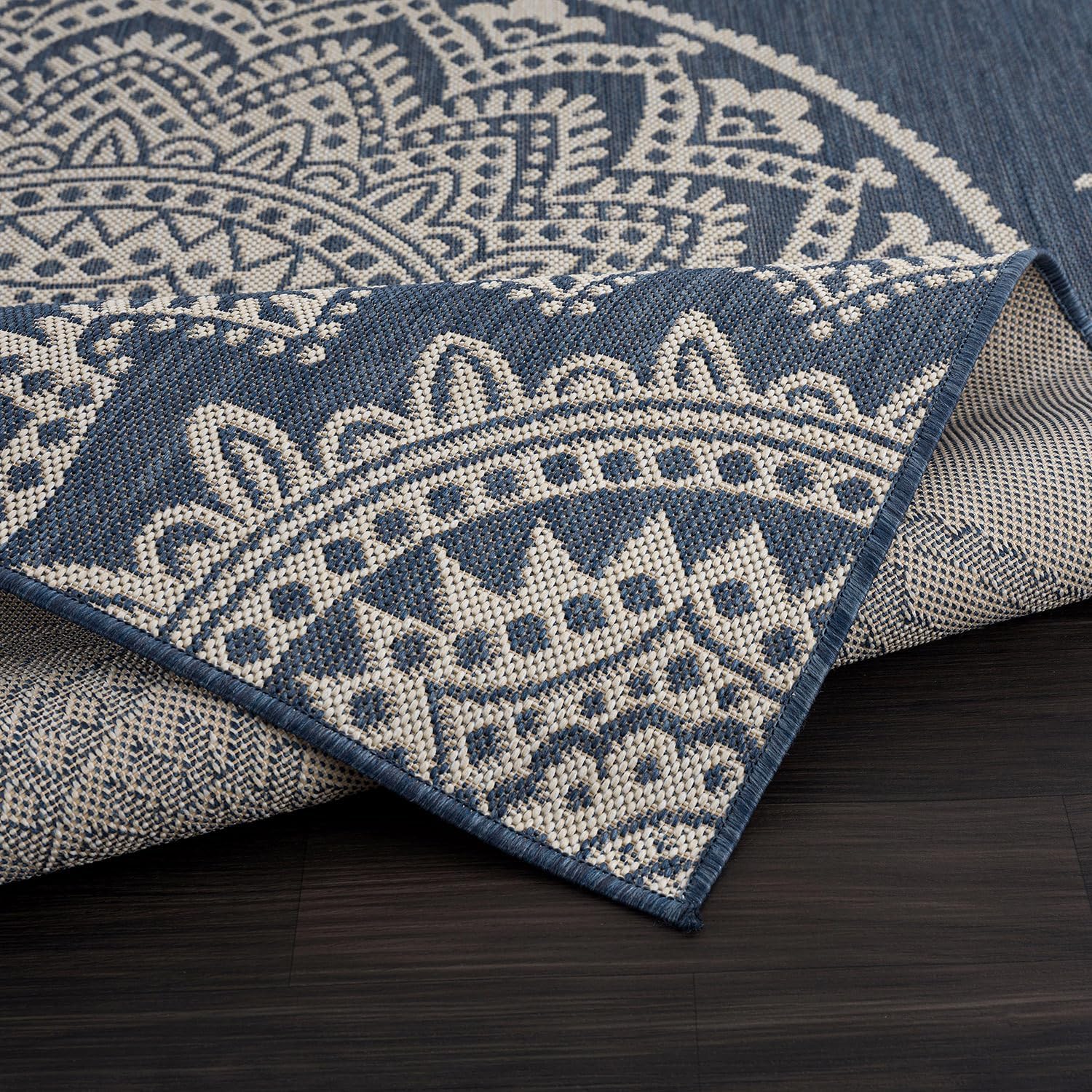 CAMILSON Outdoor Rug 9x12 Modern Area Rugs for Large Indoor and Outdoor Patios and Porches - Waterproof Washable Non-Shedding, Easy-to-Clean Outside Carpet (9 x 12, Medallion - Blue/White)