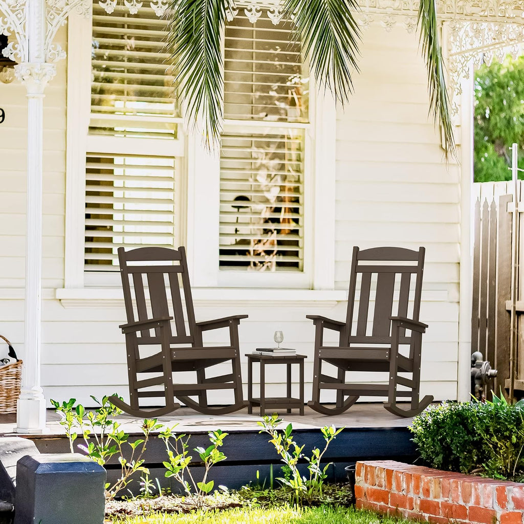 LUE BONA Outdoor Rocking Chairs Set of 2, Weather Resistant HDPS Poly Rocker Chairs, 350lb Heavy Duty, Oversized Porch Rocker for Adult, High Back Smooth Rocking Chair for Outdoor & Indoor, Brown