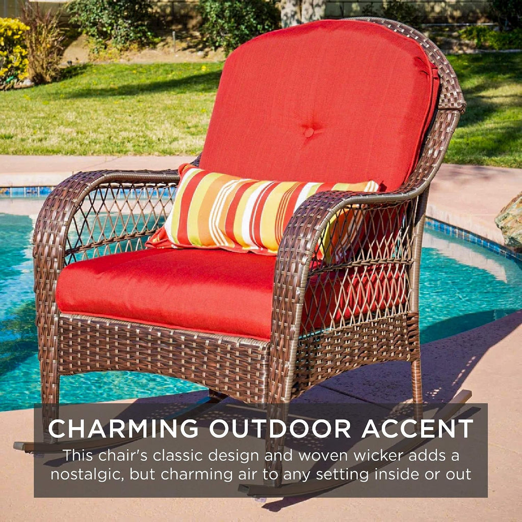 Best Choice Products Outdoor Wicker Patio Rocking Chair for Porch, Deck, Poolside w/Steel Frame, Weather-Resistant Cushions - Red