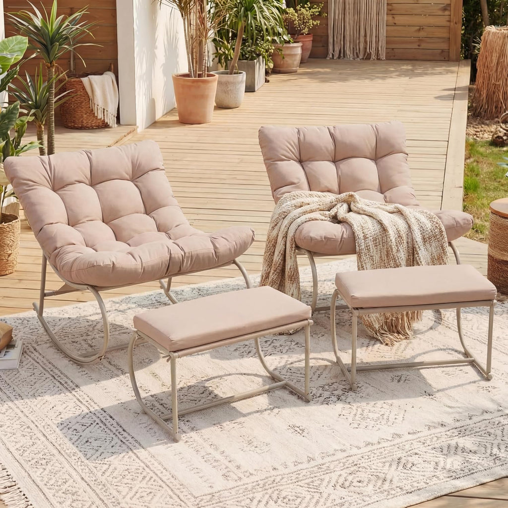 Oversized Double Papasan Rocking Chair Set of 2 with Ottoman, Egg Shaped Patio Lounge Chair with Thick Soft Cushion, Outdoor Relaxation Furniture for Porch, Backyard, Garden, Khaki