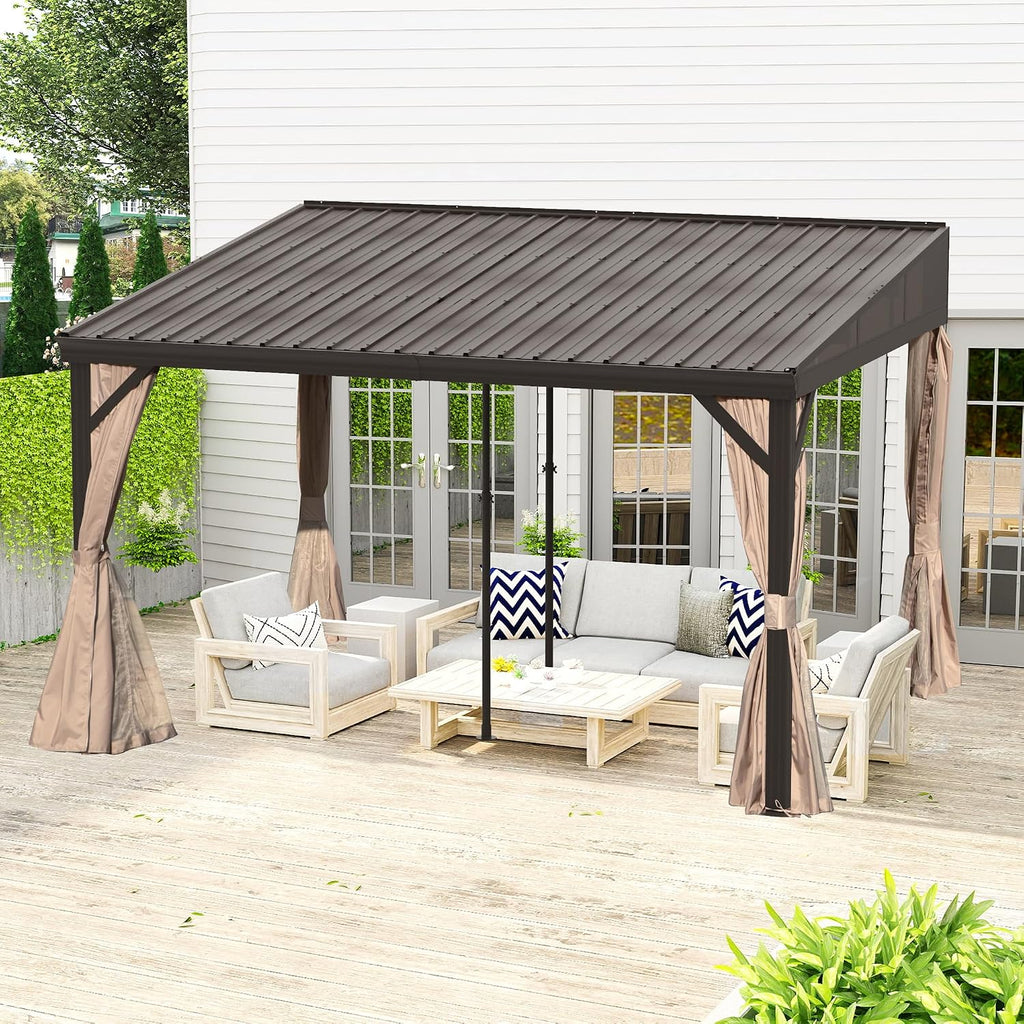 DOMI 12x14FT Lean to Gazebo, Outdoor Hardtop Wall Mounted Gazebo with Sloping Galvanized Steel Roof, Durable Aluminum Frame, Netting Curtain for Deck, Porch, Backyard