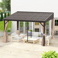 DOMI 12x14FT Lean to Gazebo, Outdoor Hardtop Wall Mounted Gazebo with Sloping Galvanized Steel Roof, Durable Aluminum Frame, Netting Curtain for Deck, Porch, Backyard