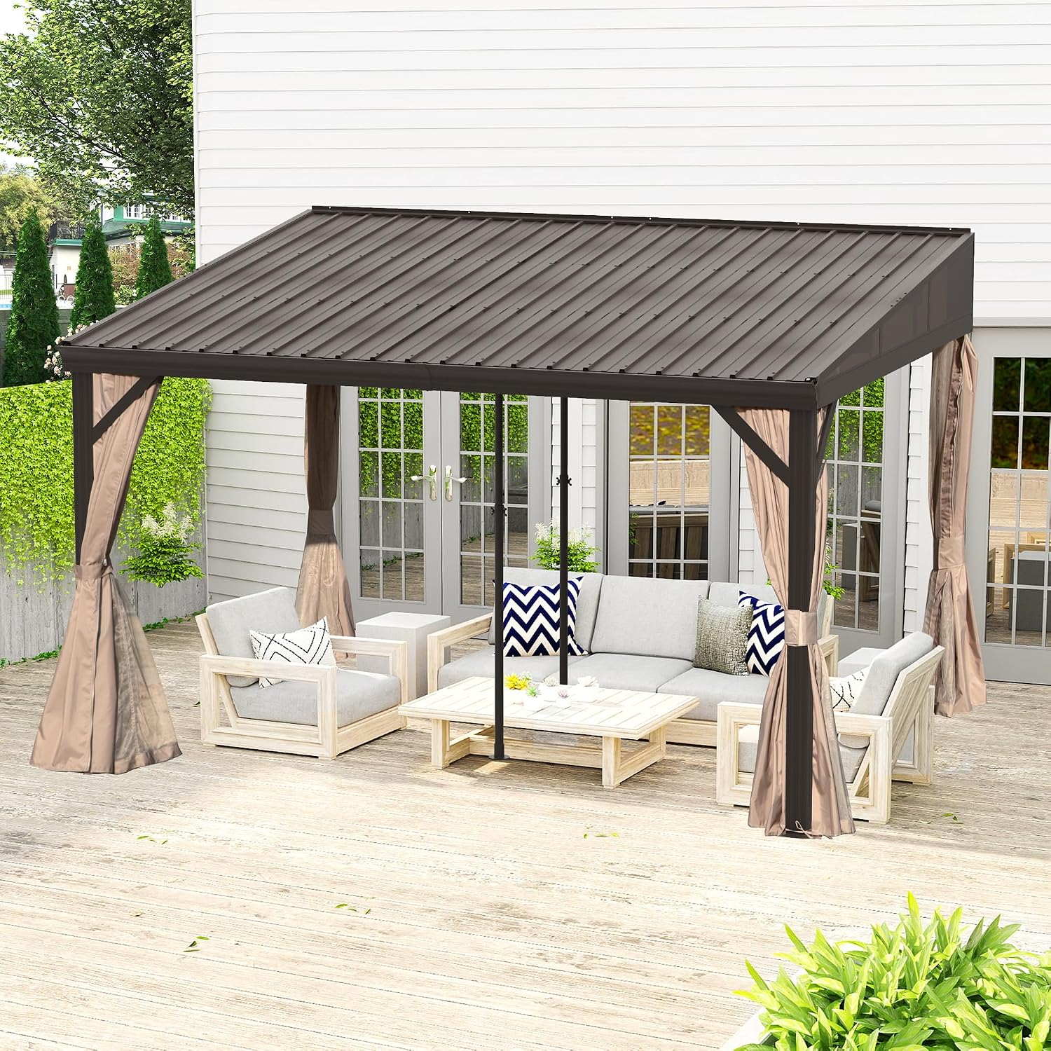 DOMI 12x14FT Lean to Gazebo, Outdoor Hardtop Wall Mounted Gazebo with Sloping Galvanized Steel Roof, Durable Aluminum Frame, Netting Curtain for Deck, Porch, Backyard
