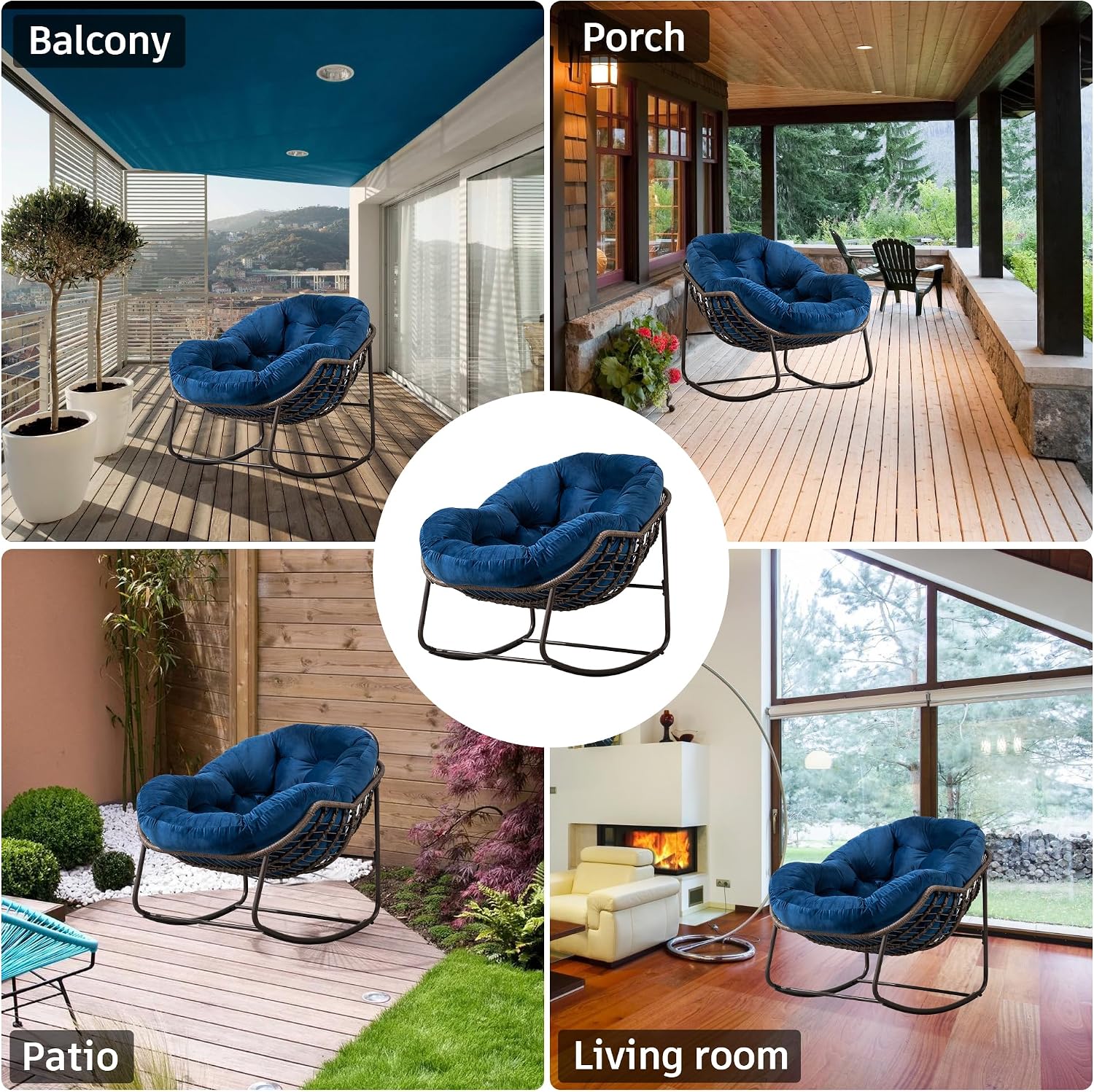 Large Indoor Outdoor Rocking Chair, Oversized Rocking Papasan Chair with Thick Cushion and Frame Outdoor Rocker, Comfy Wicker Egg Chairs Lounge for Outside Porch Patio Backyard Balcony (Blue)