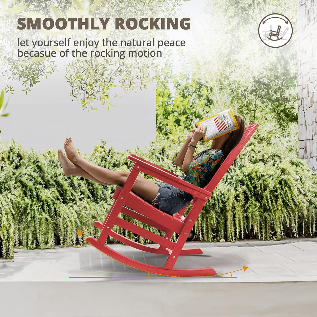 LUE BONA Outdoor Rocking Chairs Set of 2, HDPS Porch Rocker with High Back, Plastic Weather Resistant Rocking Chairs for Outdoor Indoor, Garden, Backyard, 350lb, Bright Red
