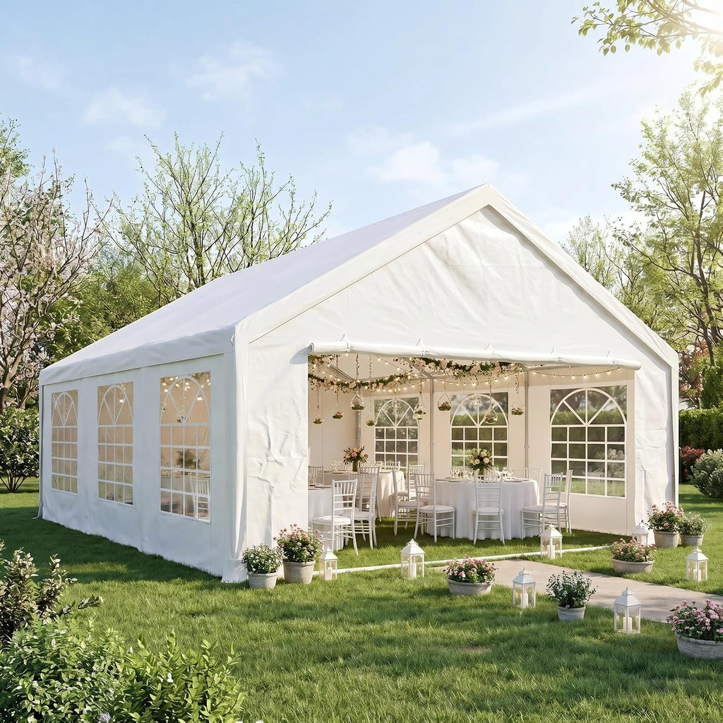COBIZI 20x20 Heavy Duty Party Tent Outdoor Waterproof Canopy with 10 Church Windows & 6 Sidewalls, Built-in Sandbag, White Powder Coating Commercial Event Shelter Tents for Parties Wedding BBQ Patio