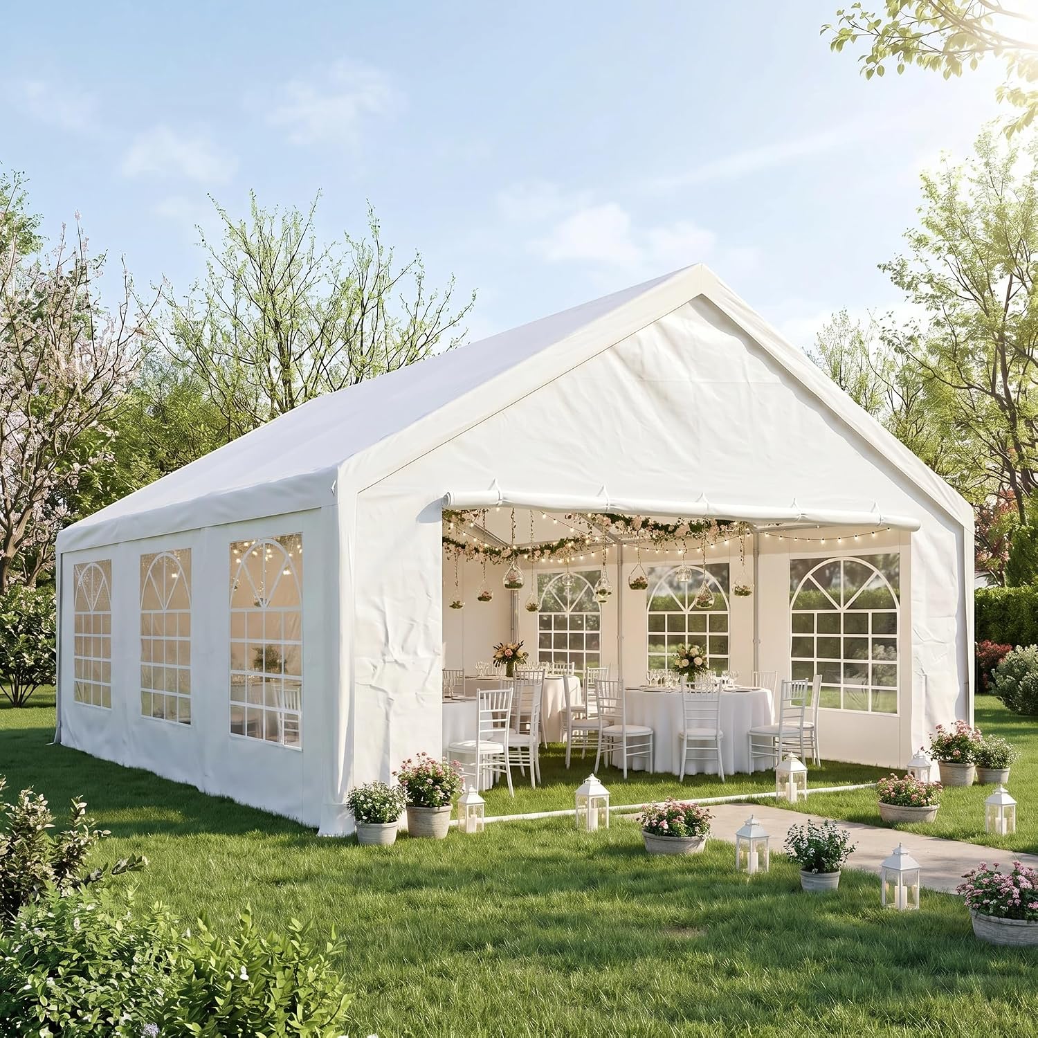 COBIZI 20x20 Heavy Duty Party Tent Outdoor Waterproof Canopy with 10 Church Windows & 6 Sidewalls, Built-in Sandbag, White Powder Coating Commercial Event Shelter Tents for Parties Wedding BBQ Patio
