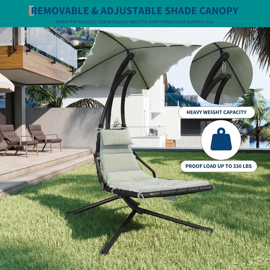 Chaise Lounger Swing Chair with Umbrella Canopy, Patio Hanging Chaise Lounger Chair with Stand, Curved Steel Outdoor Lounge Chairs for Indoor Patio Pool Garden Backyard Porch