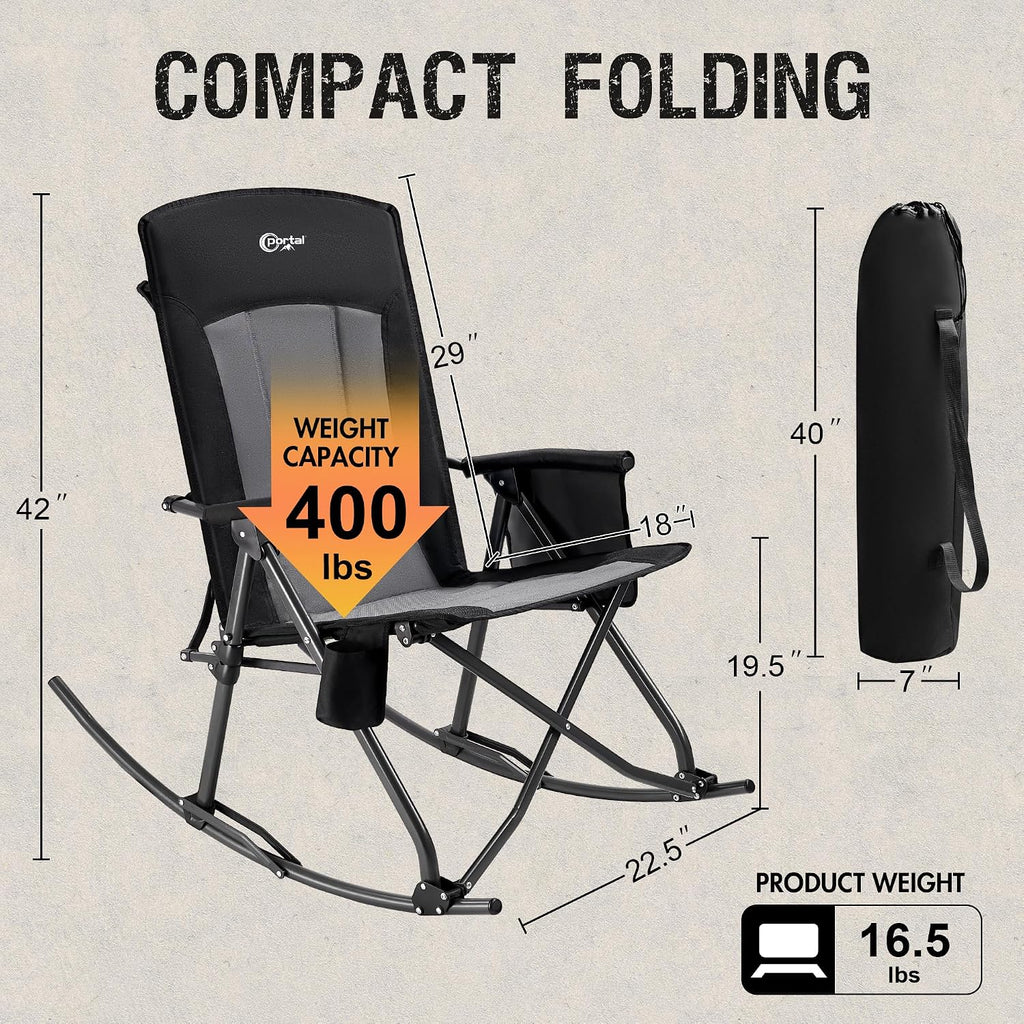PORTAL Oversized Folding Rocking Camping Chair Portable Outdoor Rocker with High Back Hard Armrests Carry Bag, Supports 400 lbs