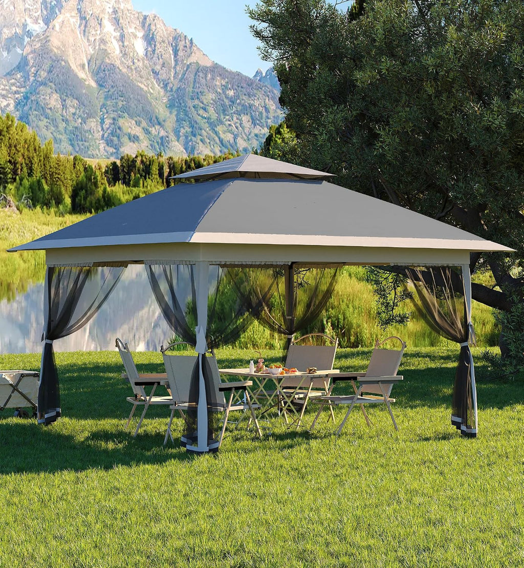 Garvee 13x13 ft Pop Up Gazebo, Canopy Tent with Mosquito Netting, Outdoor Gazebos for Backyard & Patio Furniture - Pop Up Canpy with Wheeled STO-N-Go Cover Bag (Dark Grgy+Light Grey)