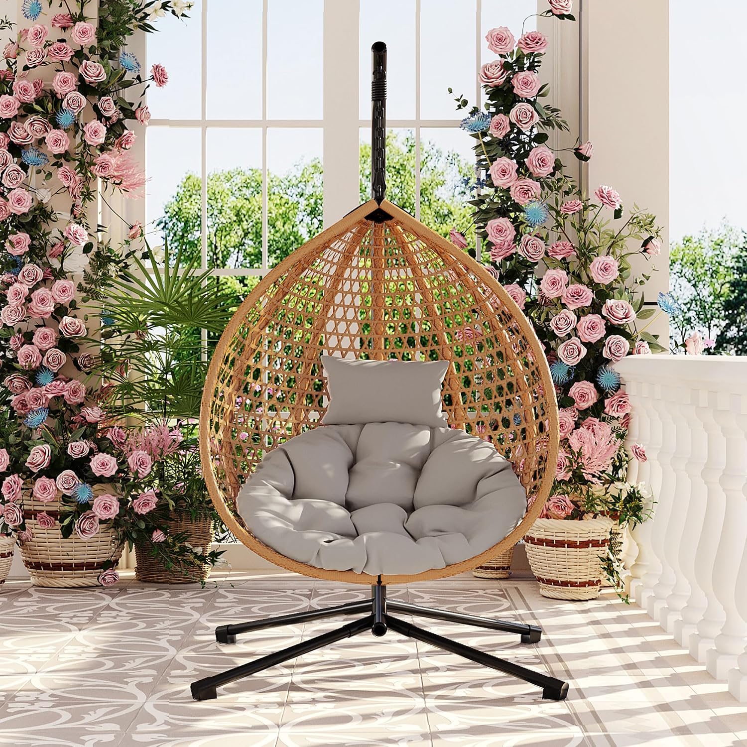 Durable Hanging Egg Chair with Rattan Weaving, Hammock Chair with Stand, Comfortable Indoor Outdoor Swing Chairs with Soft Removable Cushion,Suitable for Balcony, Bedroom,or Garden, Brown+Grey
